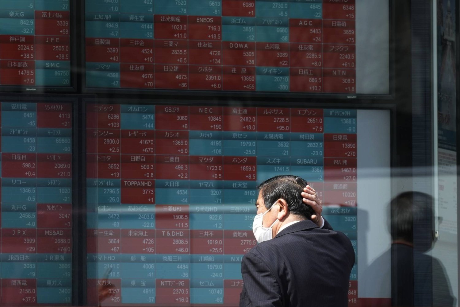 رجل يتابع تحركات الأسهم على شاشة بمقر للتداول وسط العاصمة اليابانية طوكيو (أ.ب)