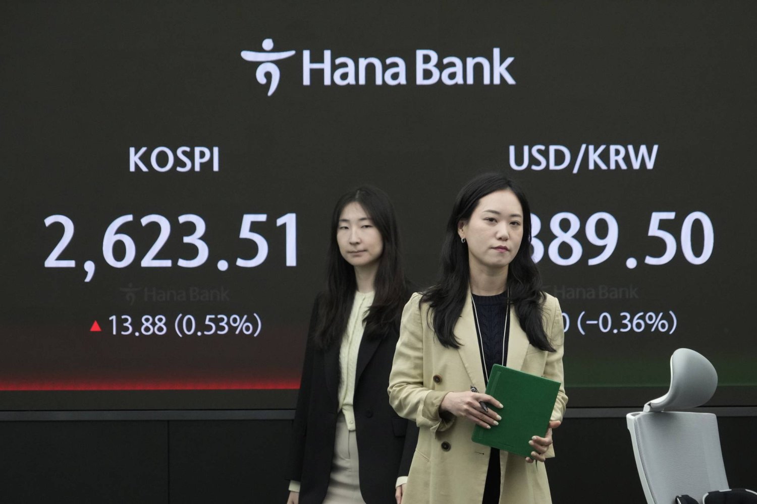 سيدتان تمرَّان أمام لوحة إلكترونية تعرض تحركات الأسهم والعملات في العاصمة الكورية الجنوبية سيول (أ.ب)
