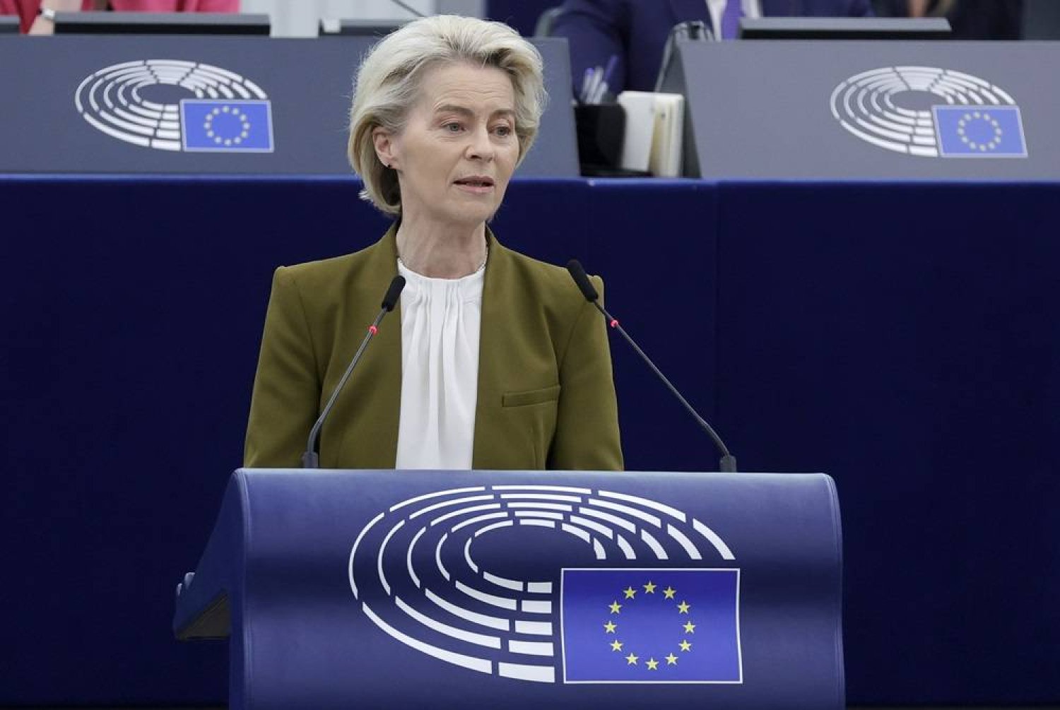 European Commission President Ursula von der Leyen delivers a speech during a formal sitting on the 20th anniversary of the 2004 EU Enlargement at the European Parliament in Strasbourg, France, 24 April 2024. (EPA)