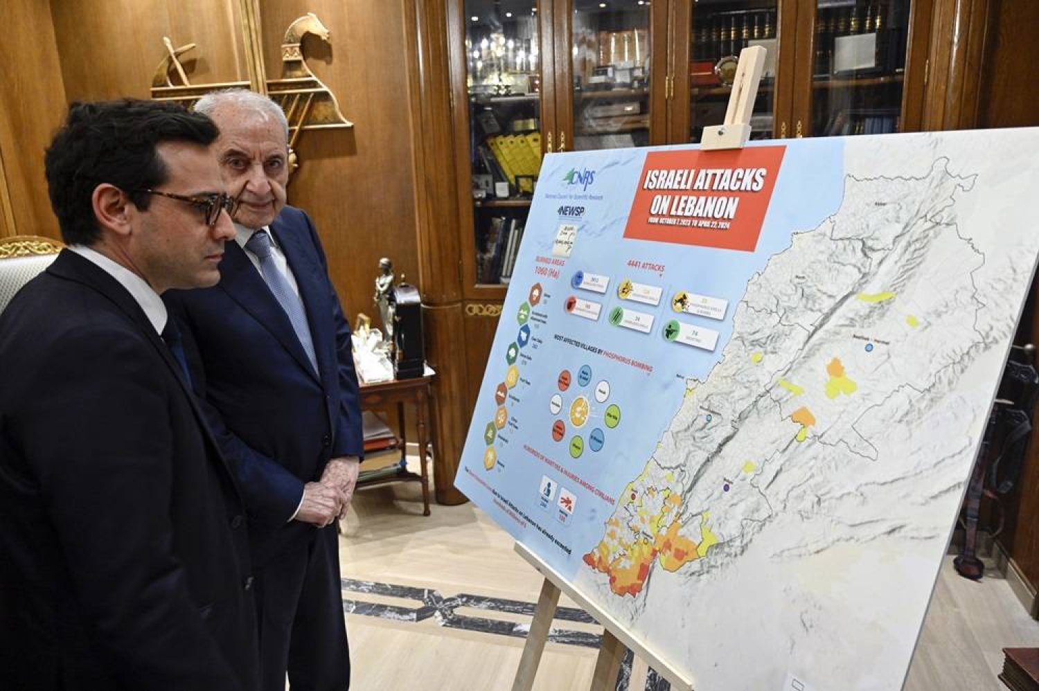 Lebanese parliament Speaker Nabih Berri (R) shows a map in his office showing the expansion of the Israeli attacks on Lebanon to visiting French Foreign Minister Stephane Sejourne (L) during their meeting in Beirut, Lebanon, 28 April 2024. (EPA) 
